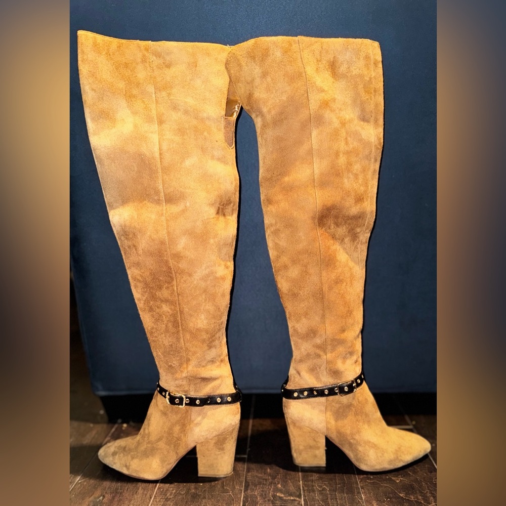 Nine West Tan Over the Knee Boots Suede Leather with Black Straps